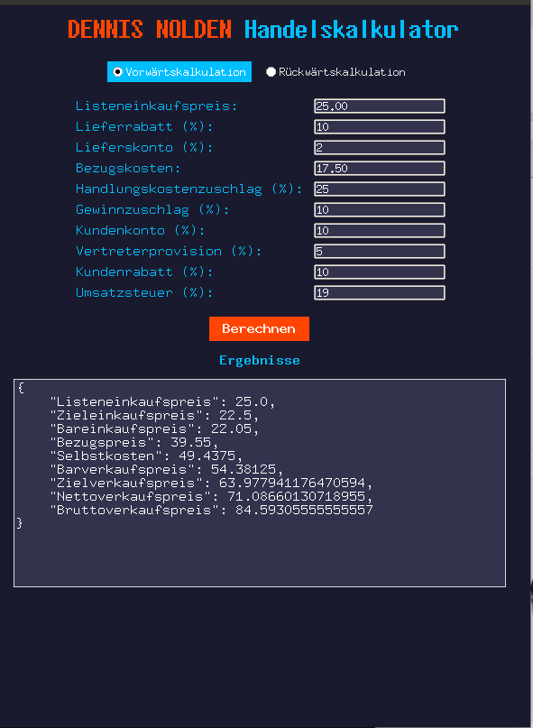 Screenshot des Handelskalkulators